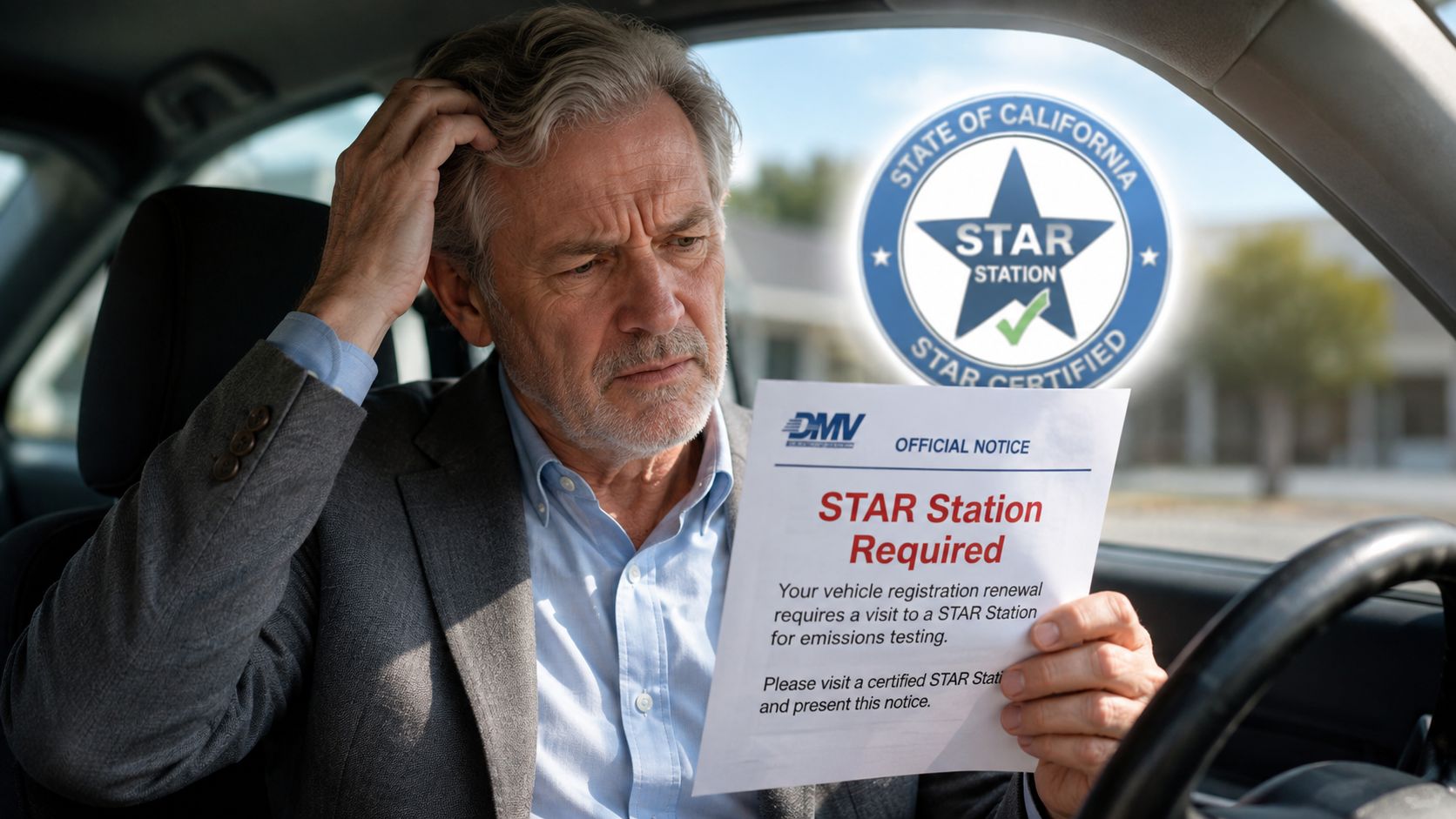 A confused older man sitting in his car holding an official California DMV STAR station notice.