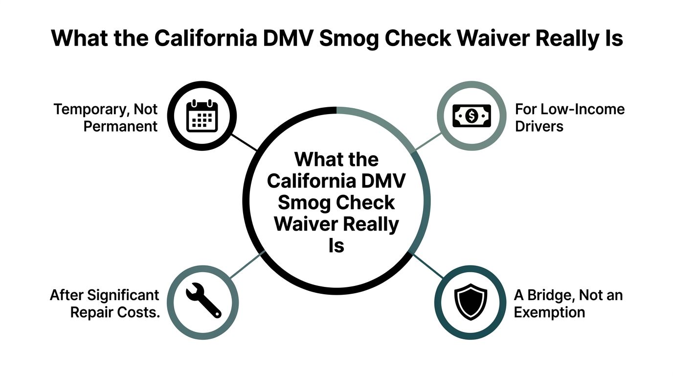 A diagram explaining that the California DMV smog check waiver is temporary, income-based, and requires repair costs.