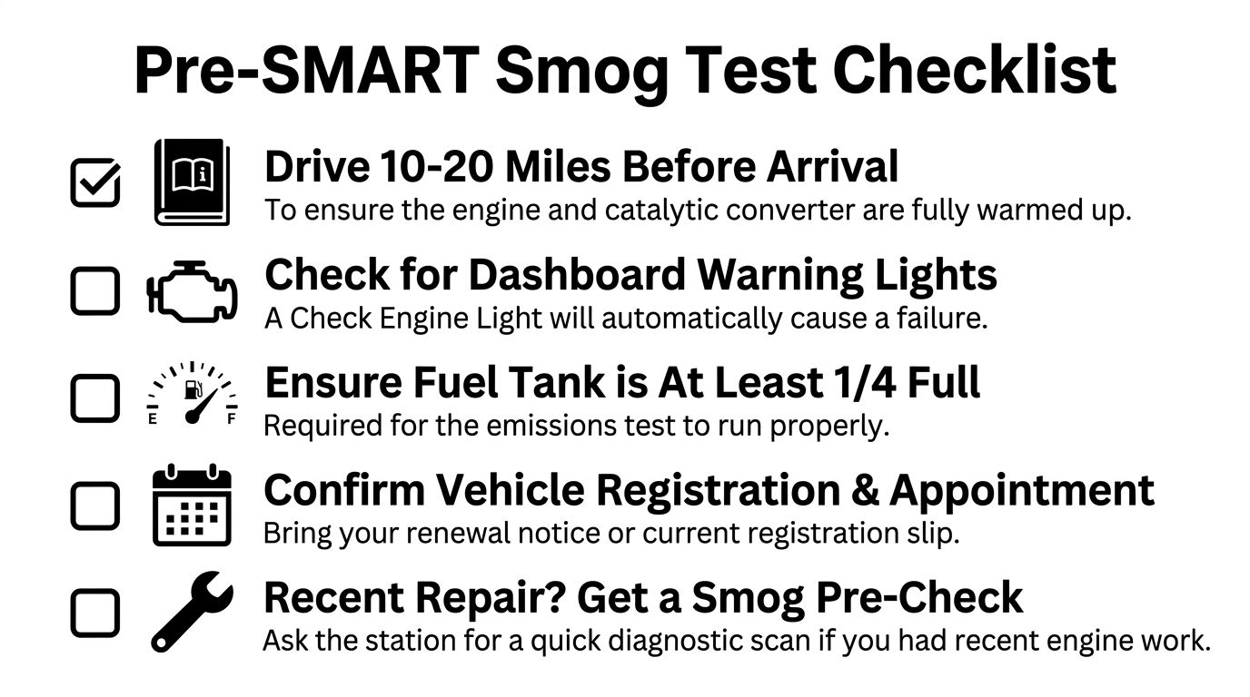 A checklist showing five essential steps to prepare a vehicle for a California SMART smog test.