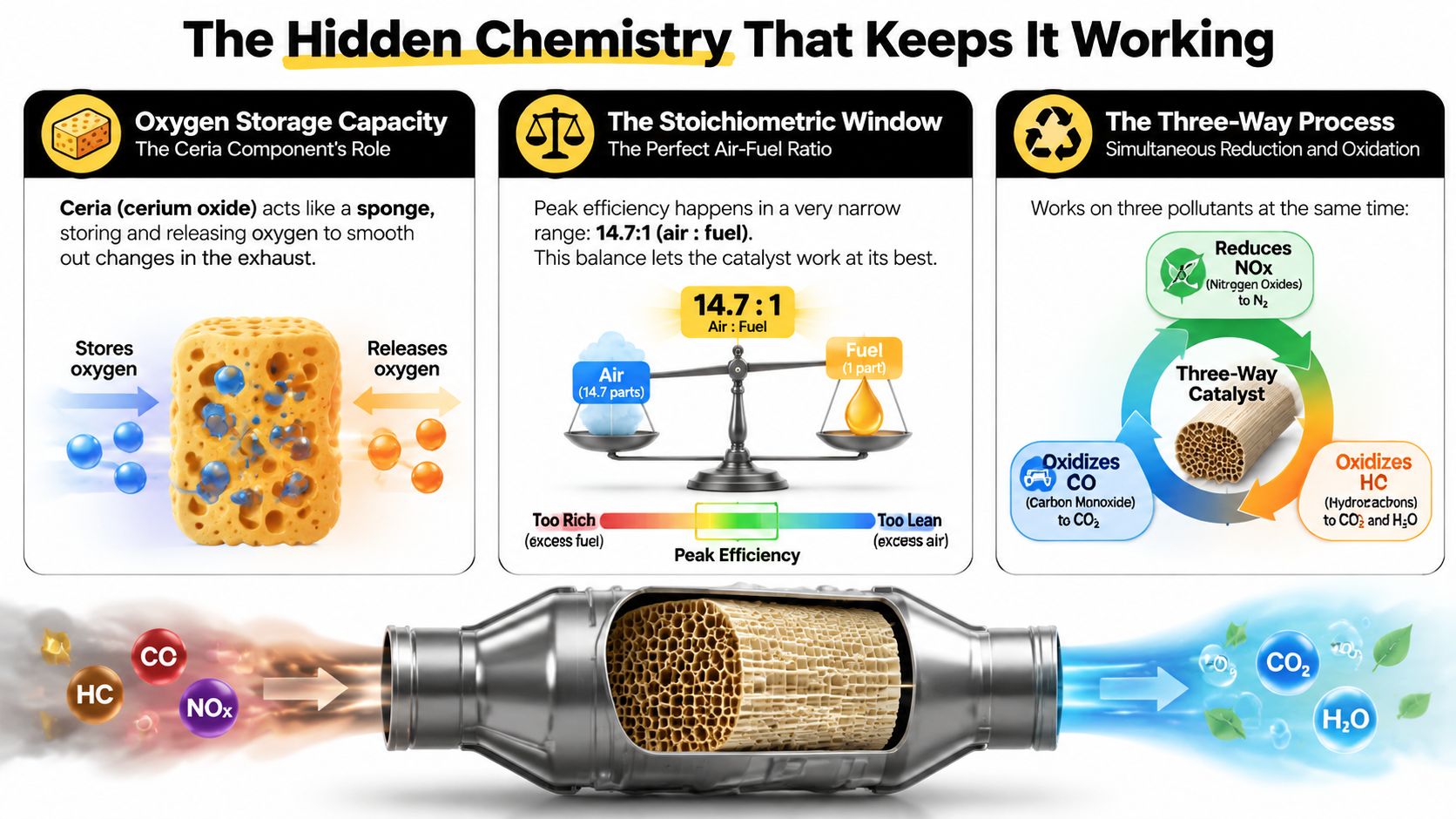An infographic explaining how a catalytic converter works, including oxygen storage, air-fuel ratios, and emission reduction chemistry.