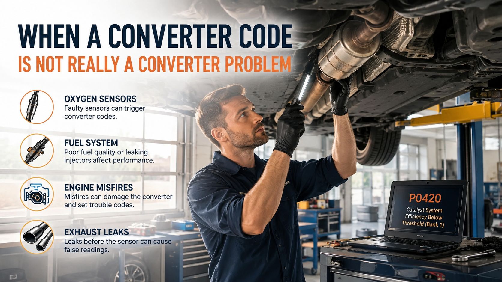 A mechanic inspecting an undercarriage, highlighting common causes for catalytic converter diagnostic trouble codes on a laptop.