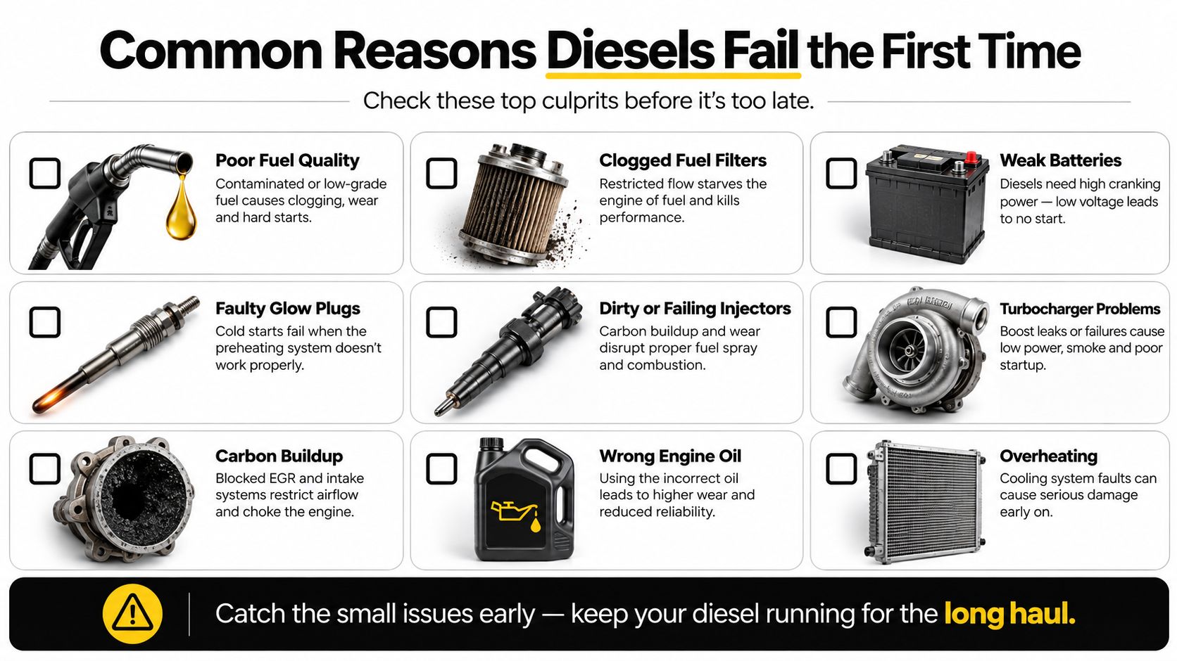 An infographic listing common reasons why diesel vehicles fail inspections, including fuel, battery, and engine issues.