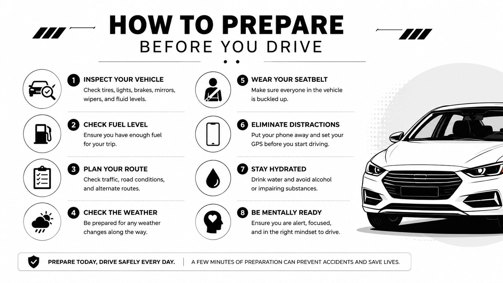 A safety infographic titled How to Prepare Before You Drive showing eight essential pre-driving vehicle safety tips.