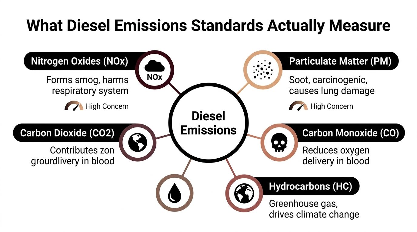 An infographic showing the five main components of diesel emissions and their environmental and health impacts.