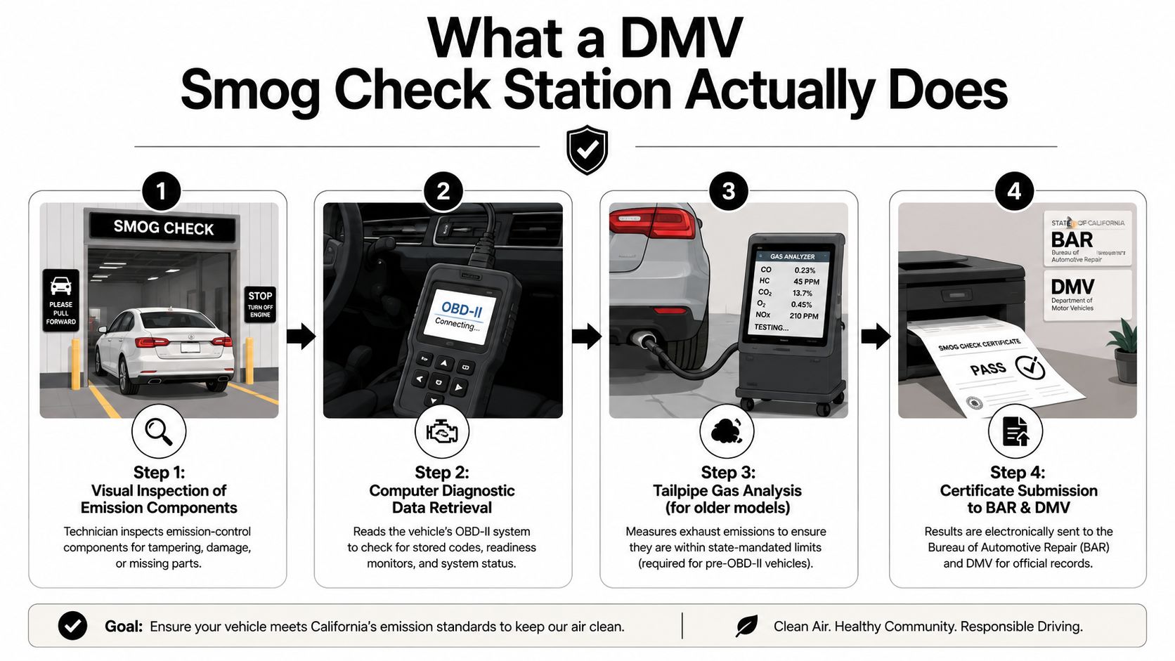 A four-step infographic illustrating the process of a DMV smog check station, from visual inspection to electronic reporting.