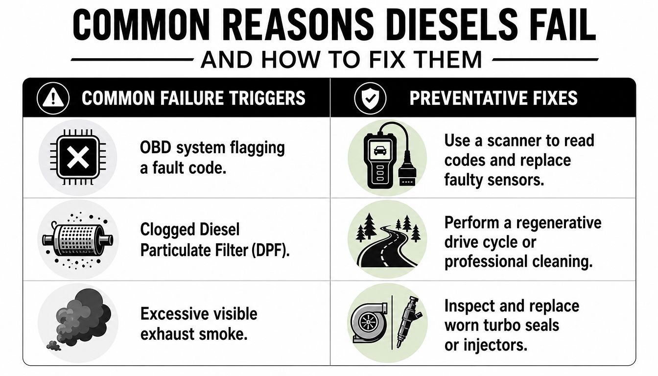 A chart showing common diesel engine failure causes, such as fault codes and clogged filters, and their preventative maintenance solutions.
