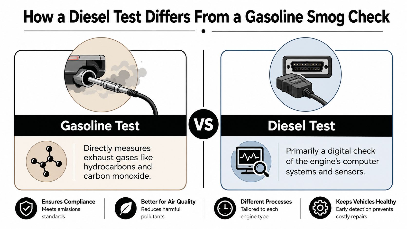 A comparative infographic showing the differences between gasoline smog tests and digital diesel emissions testing procedures.