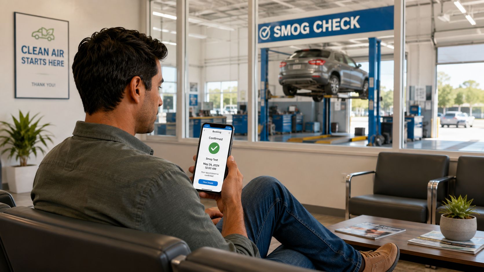 A man sitting in a waiting room looking at a confirmed smog check appointment on his phone.