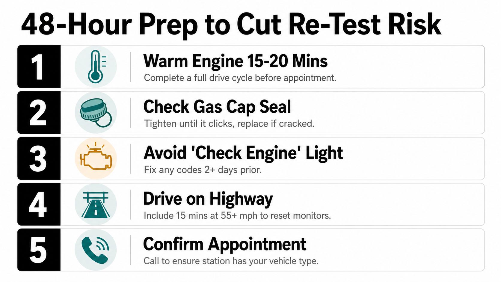 A five-step checklist for vehicle owners to prepare for an emissions test and avoid re-testing.