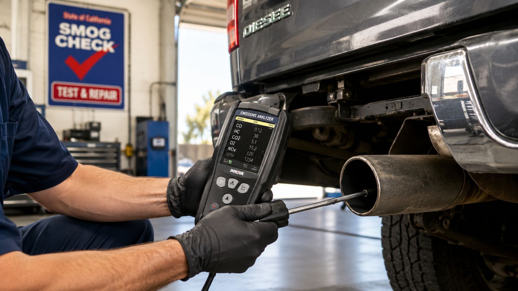 A mechanic wearing black gloves holds an Innova emissions analyzer probe inserted into a truck exhaust pipe.