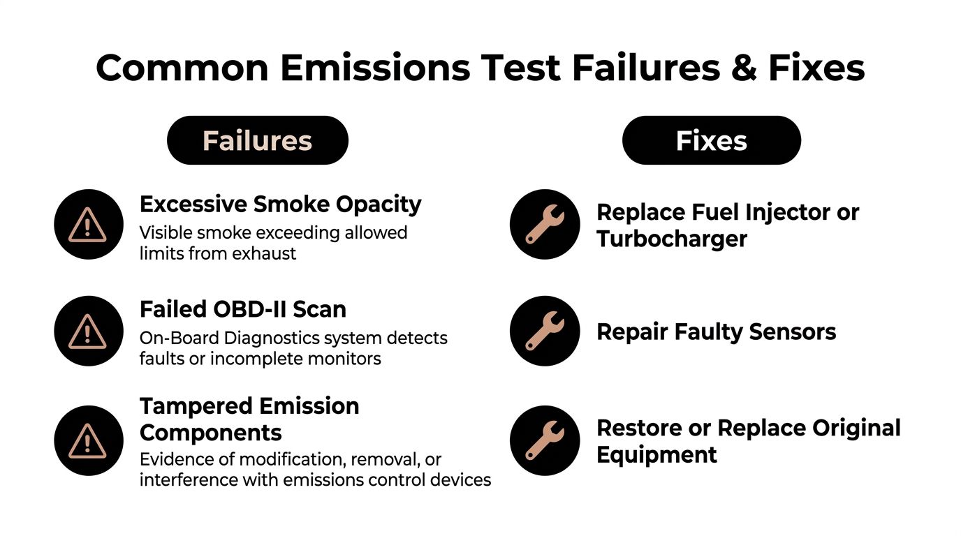 A chart showing common emissions test failures such as smoke, OBD-II errors, and tampered components, alongside recommended fixes.