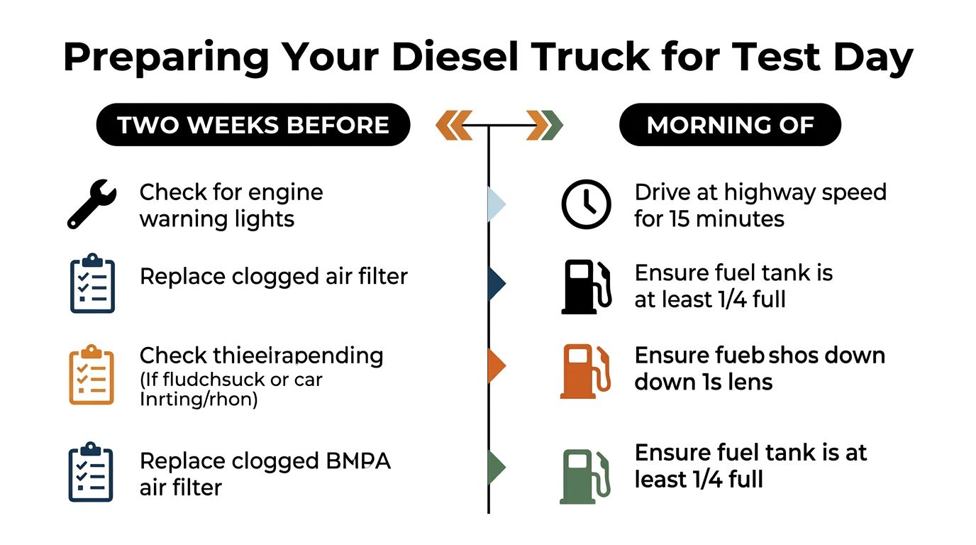 A checklist infographic titled Preparing Your Diesel Truck for Test Day with pre-test maintenance recommendations.