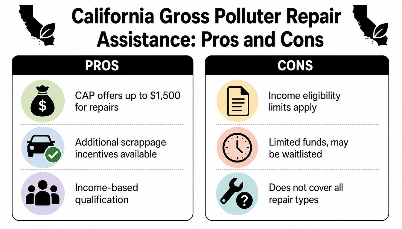 An infographic showing the pros and cons of California's Gross Polluter Repair Assistance program for vehicles.