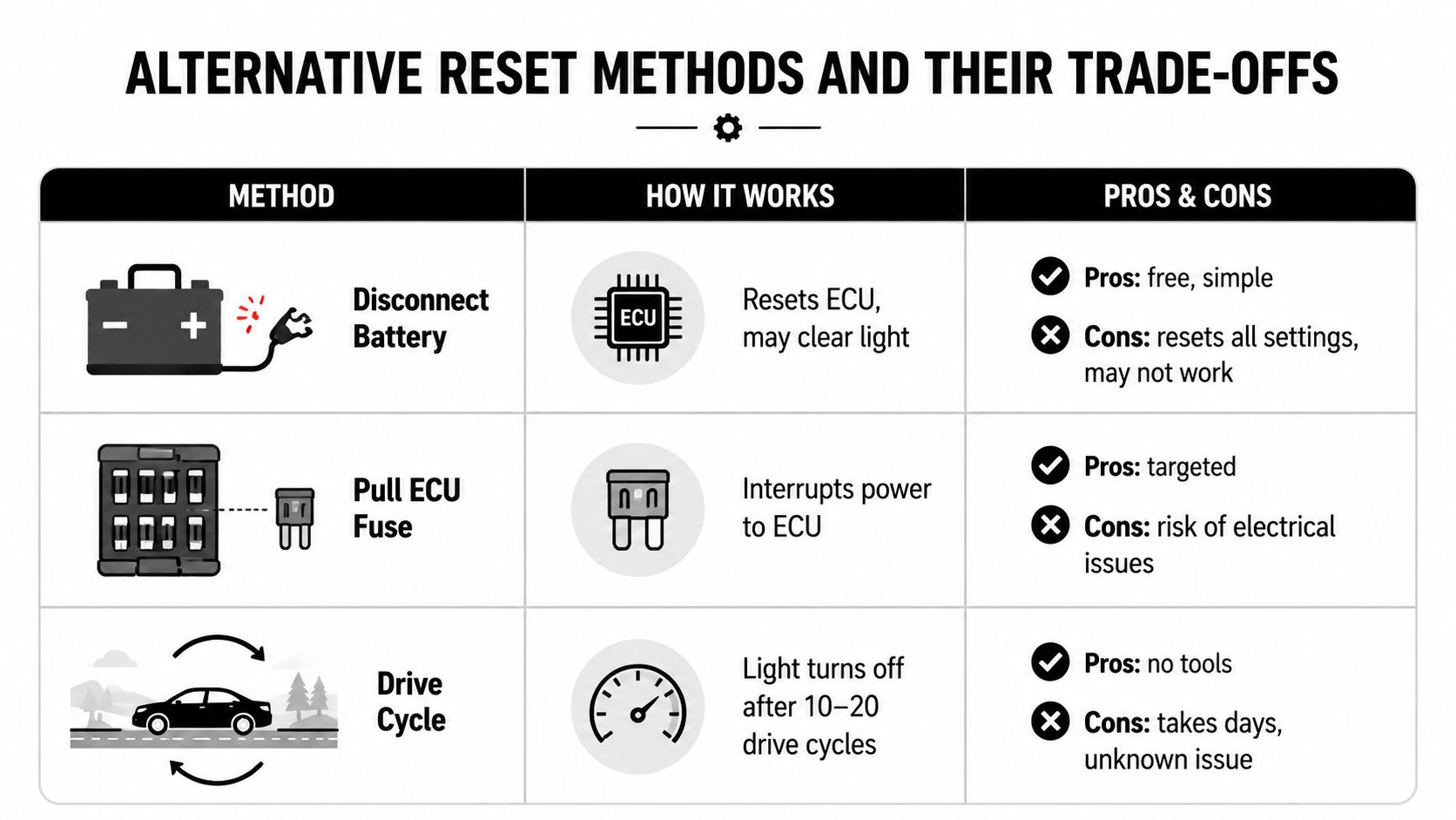 A table comparing three alternative methods for resetting a car engine light with pros and cons.