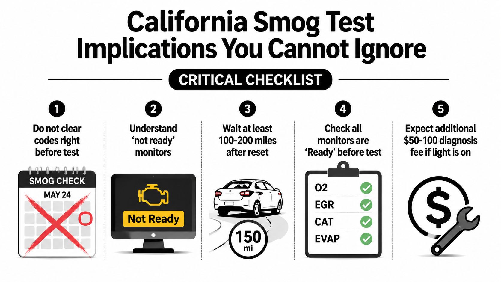 A five-step checklist illustrating important tips for passing a California smog test for vehicles.
