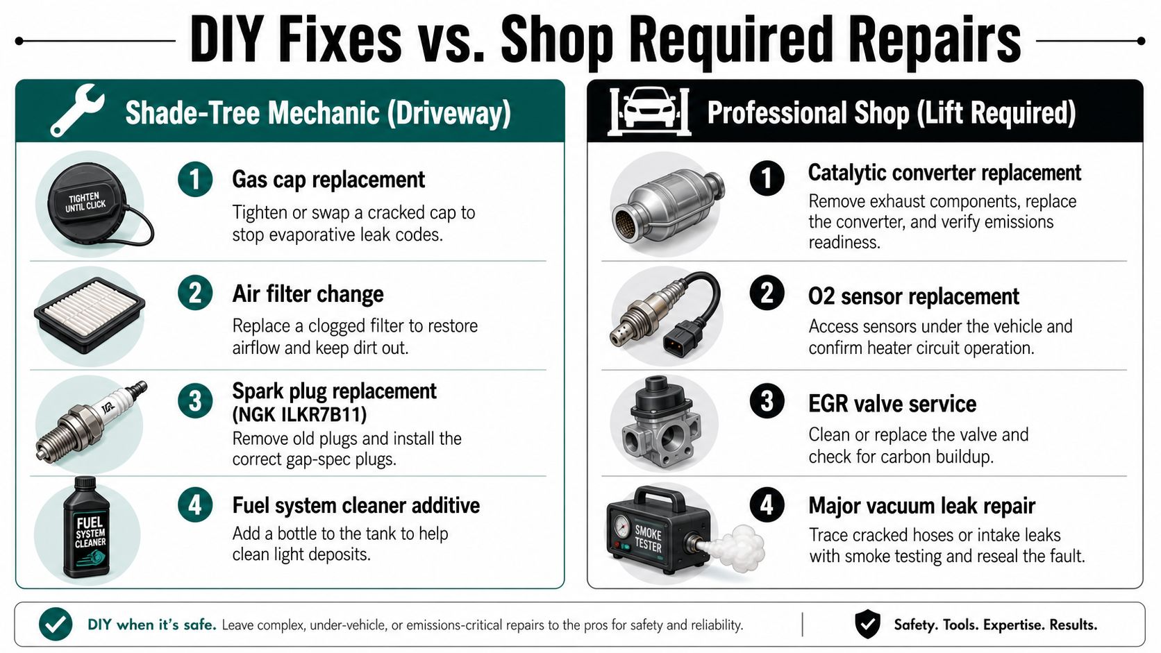 An infographic comparing simple DIY car repairs with complex maintenance tasks that require professional shop assistance.