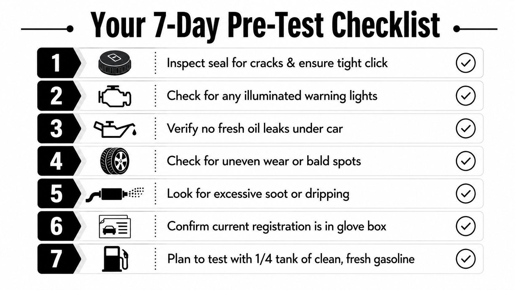 A seven day pre-test checklist for preparing a vehicle for a smog inspection, presented in a list format.