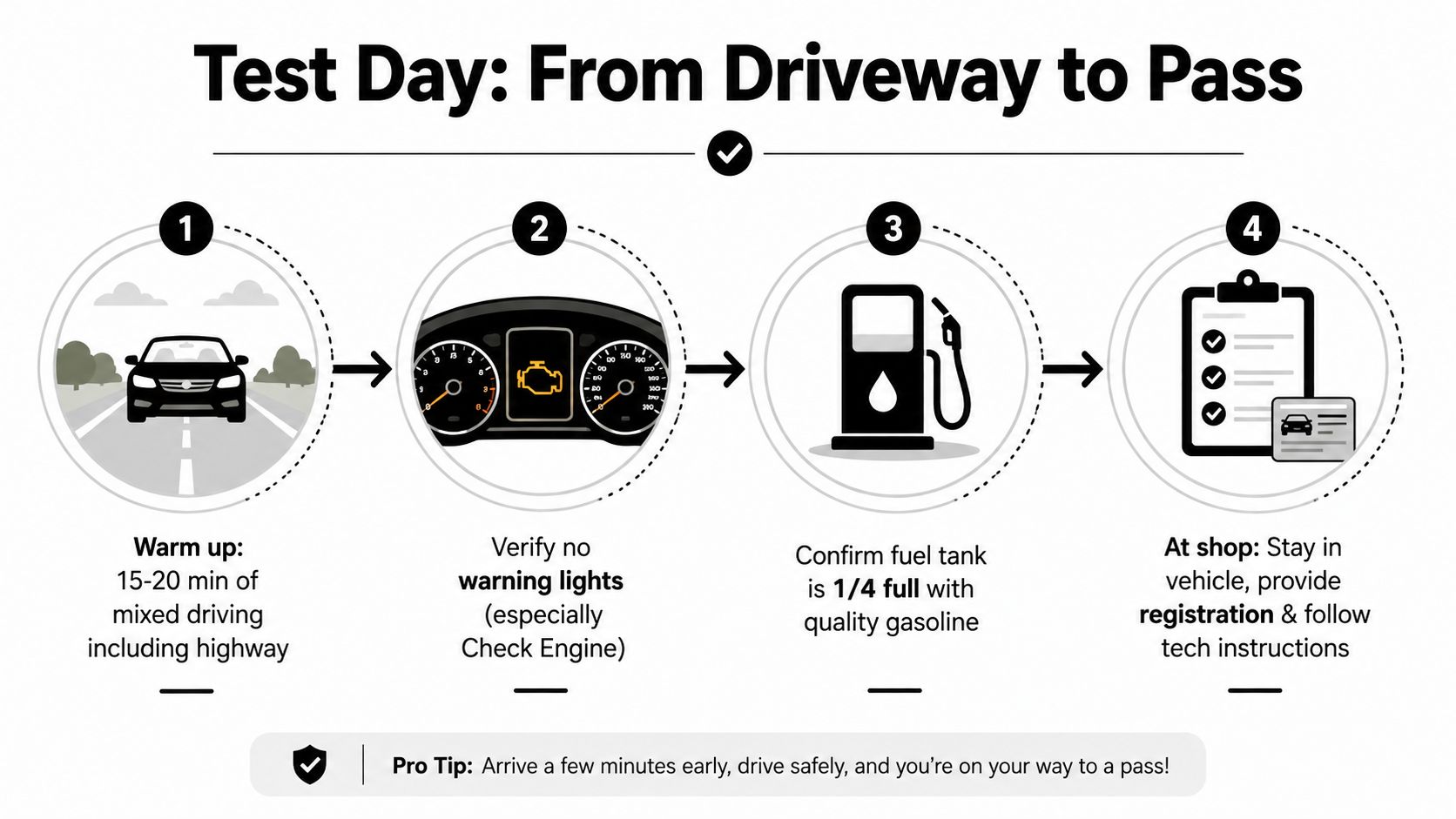 An infographic showing four steps to prepare your vehicle for an emissions test, from warming up to arrival.
