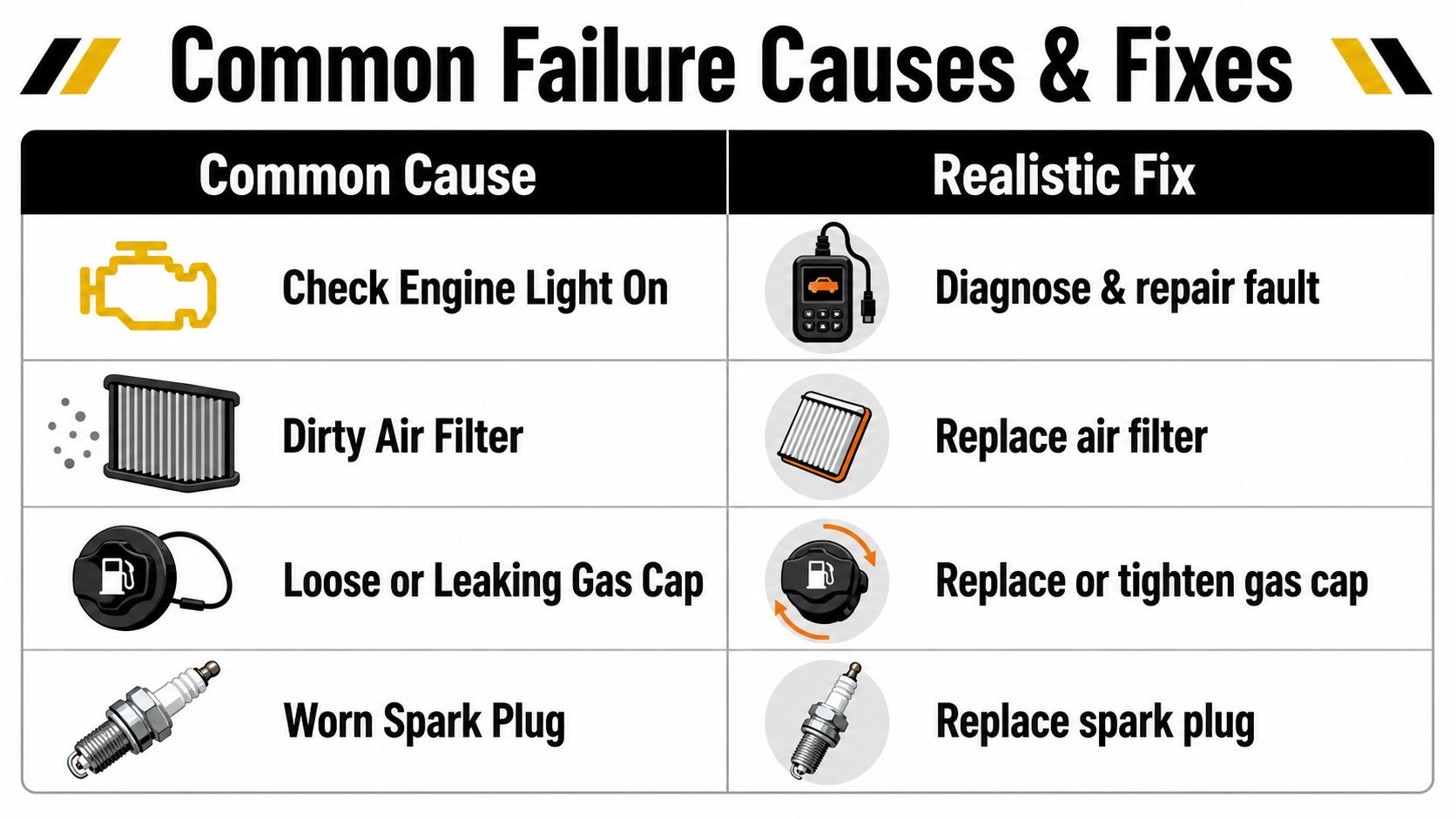 A chart listing common vehicle failure causes like dirty air filters and loose gas caps with their repairs.