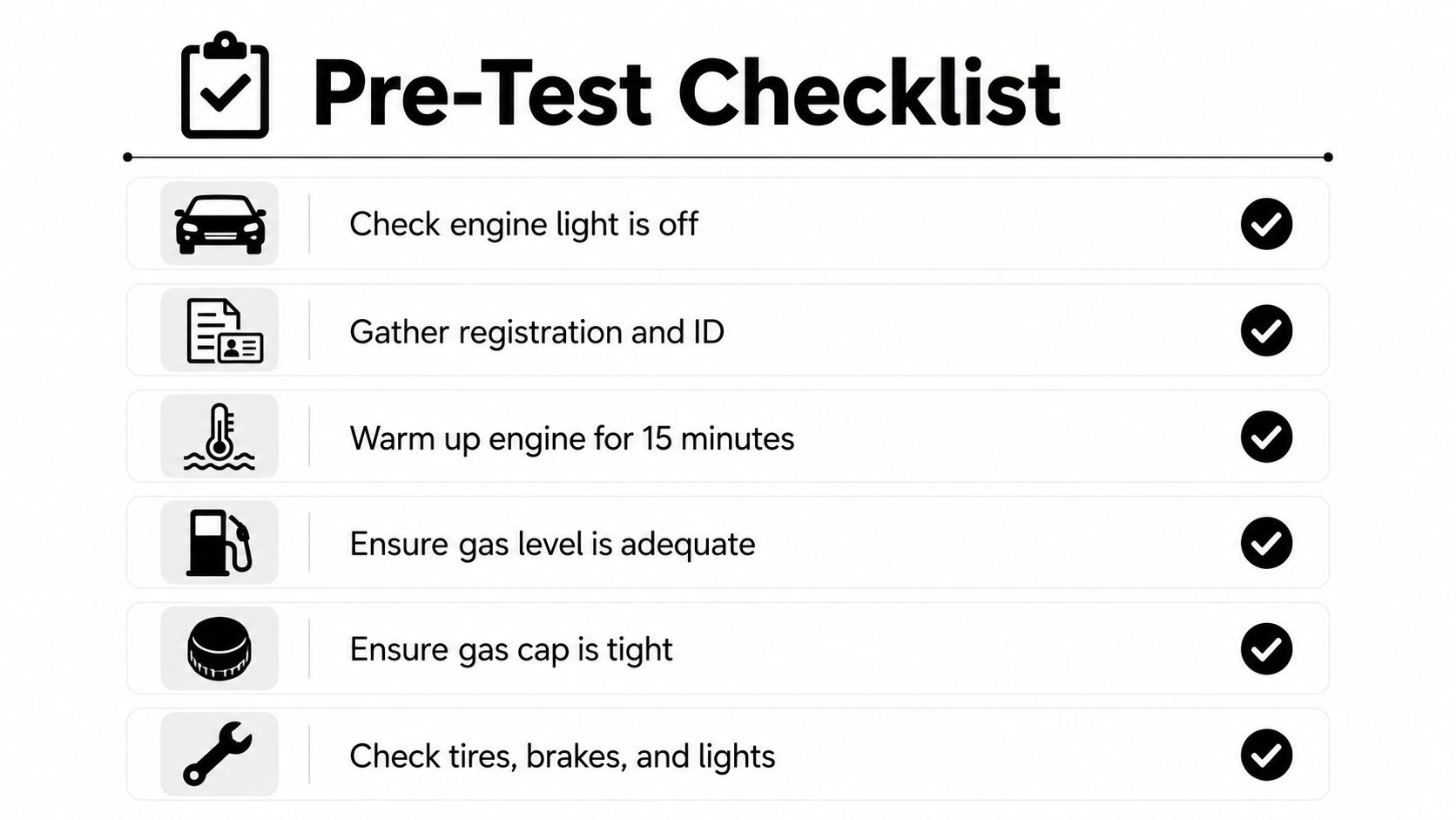 A pre-test checklist with six steps for preparing a vehicle for an emissions inspection test.