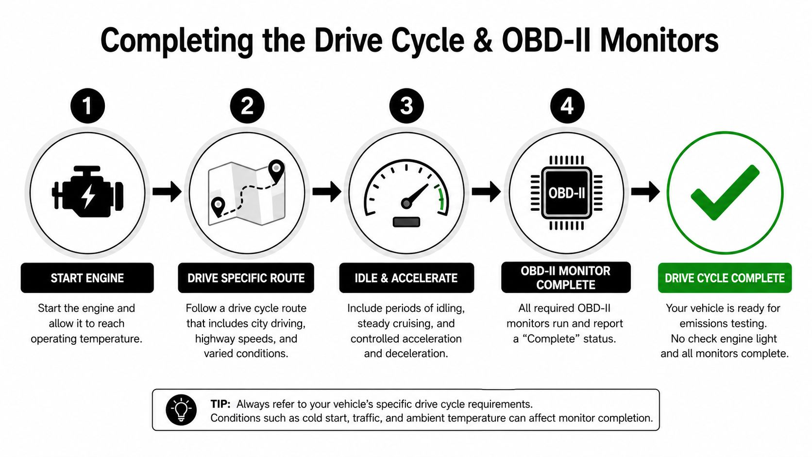 A four-step infographic illustrating the process of completing a vehicle drive cycle for OBD-II emissions testing.