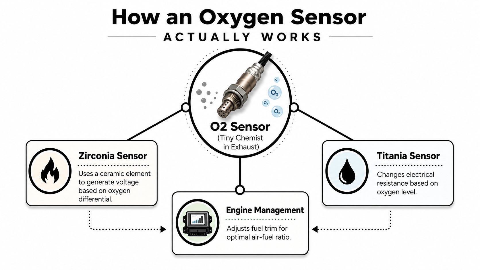 A diagram explaining how automotive oxygen sensors function, highlighting Zirconia and Titania types and engine management systems.