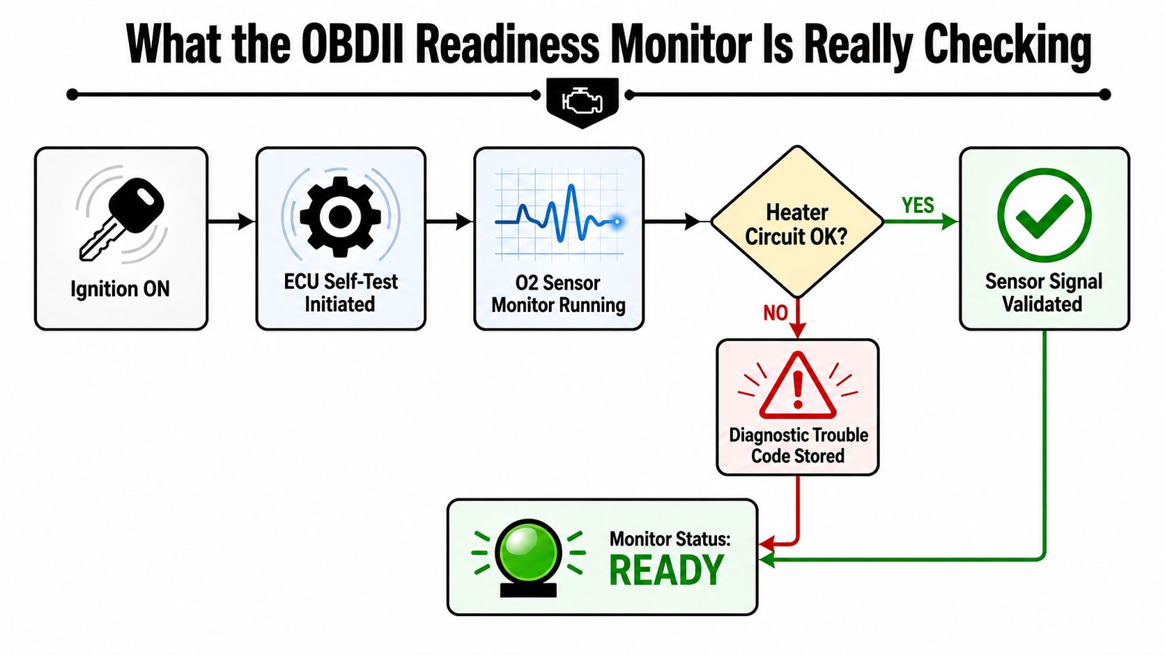 A flow chart illustrating the OBDII readiness monitor process for checking vehicle oxygen sensors.