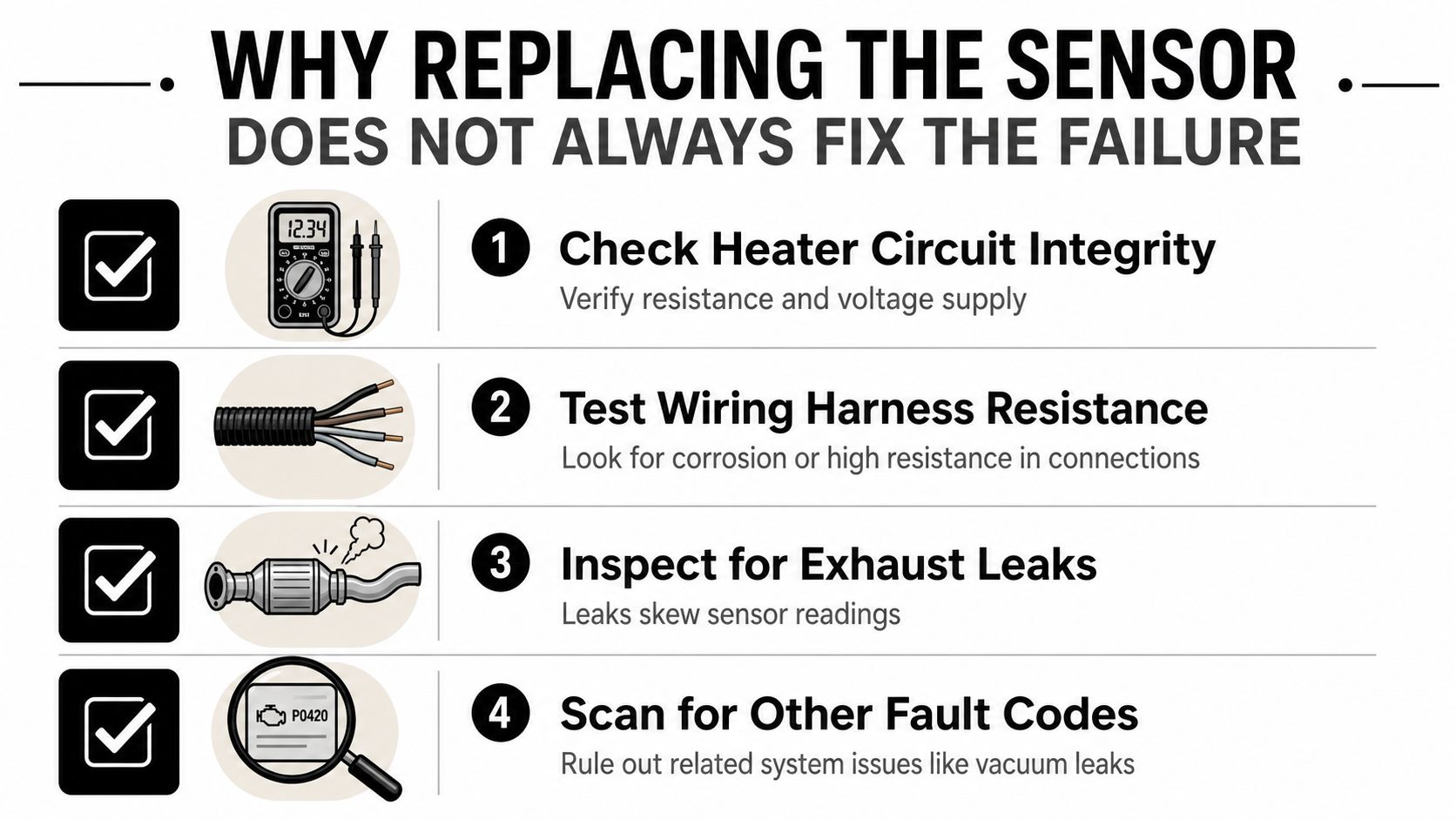 An infographic titled why replacing the sensor does not always fix the failure showing four diagnostic steps.