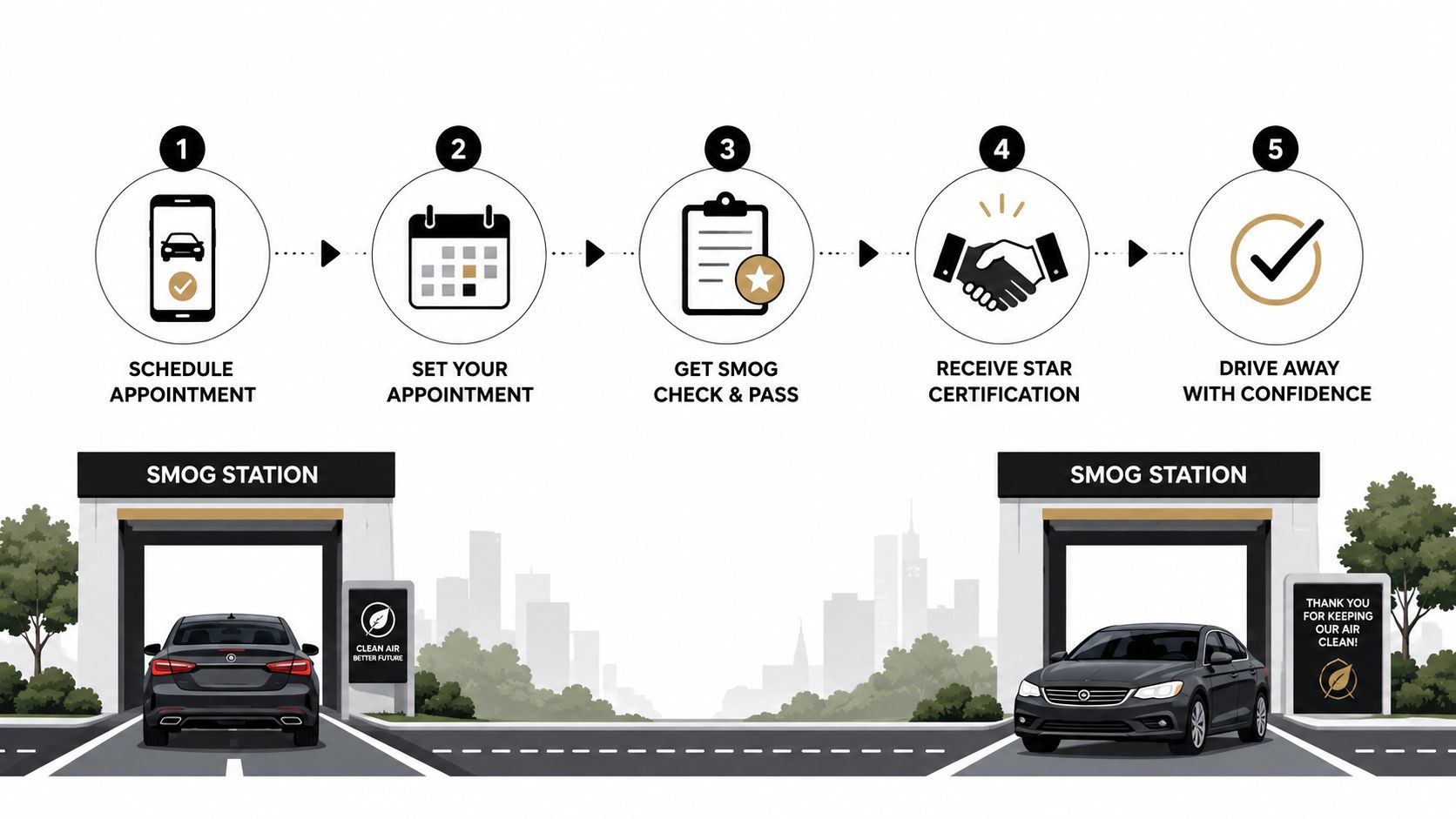A five-step infographic showing the process for scheduling a smog check and obtaining a STAR certification.