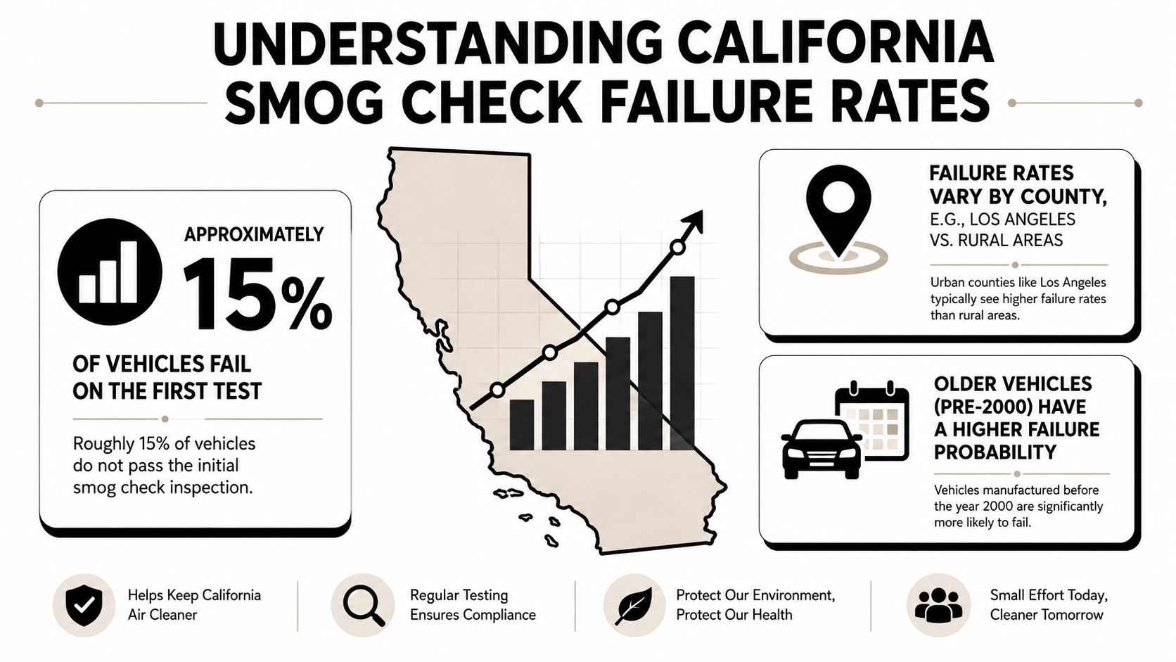 An infographic titled Understanding California Smog Check Failure Rates explaining that 15 percent of vehicles fail inspection.