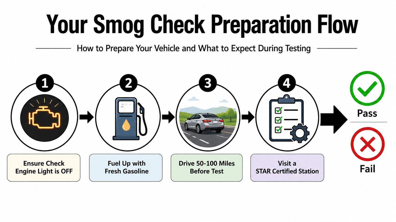 A four-step infographic illustrating how to prepare a vehicle for a mandatory smog check test.