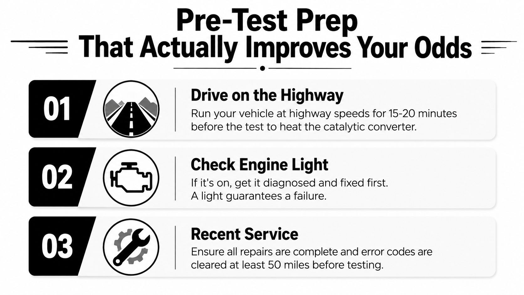 A list of three tips to prepare your vehicle for an emissions smog check test.