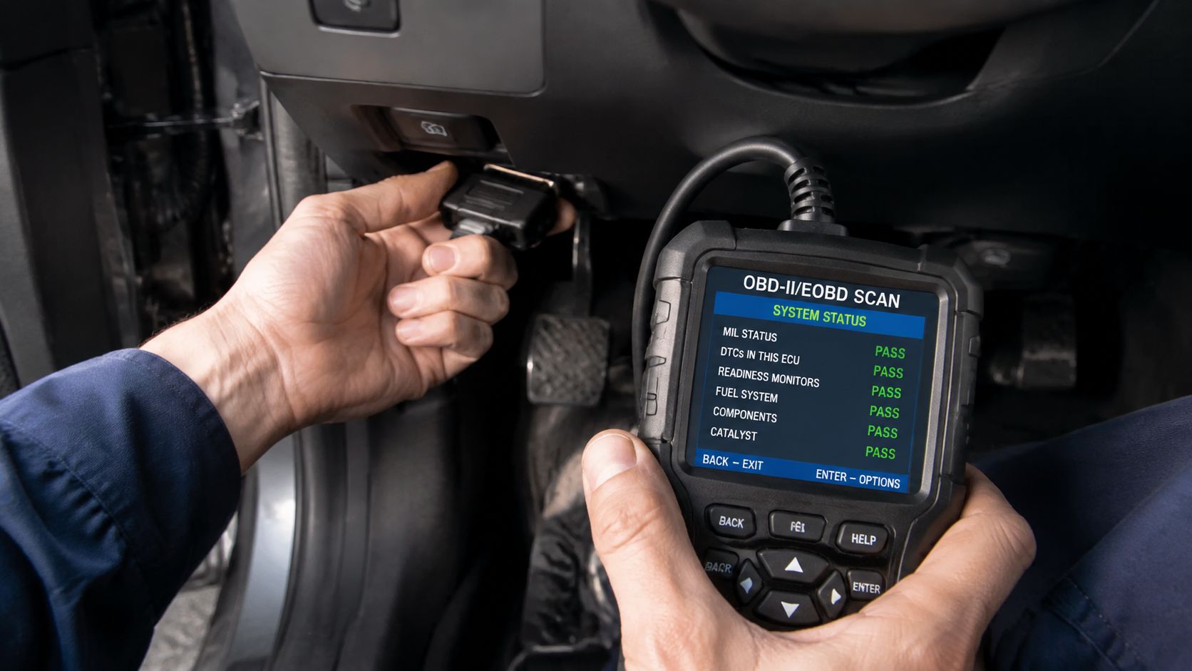 A mechanic plugging an OBD-II diagnostic tool into a car's port to perform a smog check.
