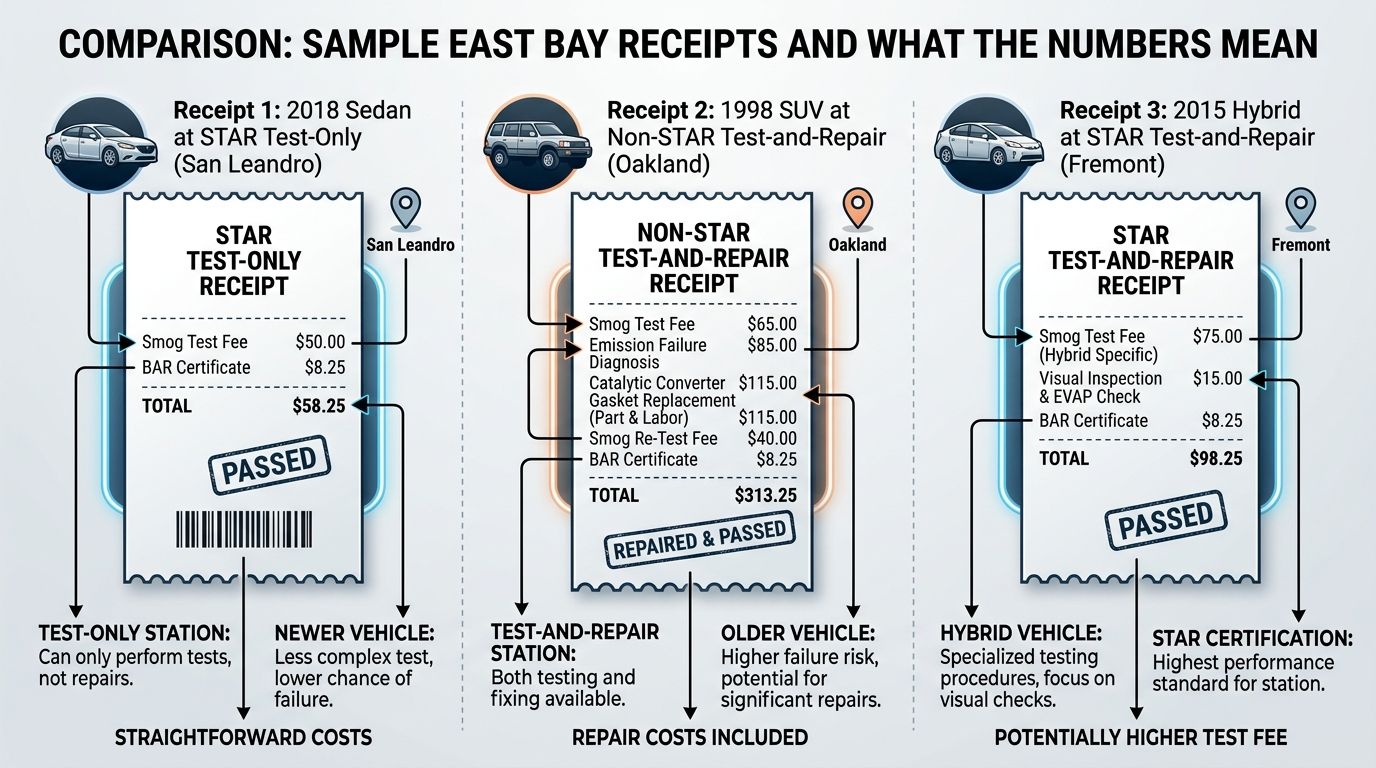A comparison chart showing three different vehicle smog inspection receipts with itemized costs in California.