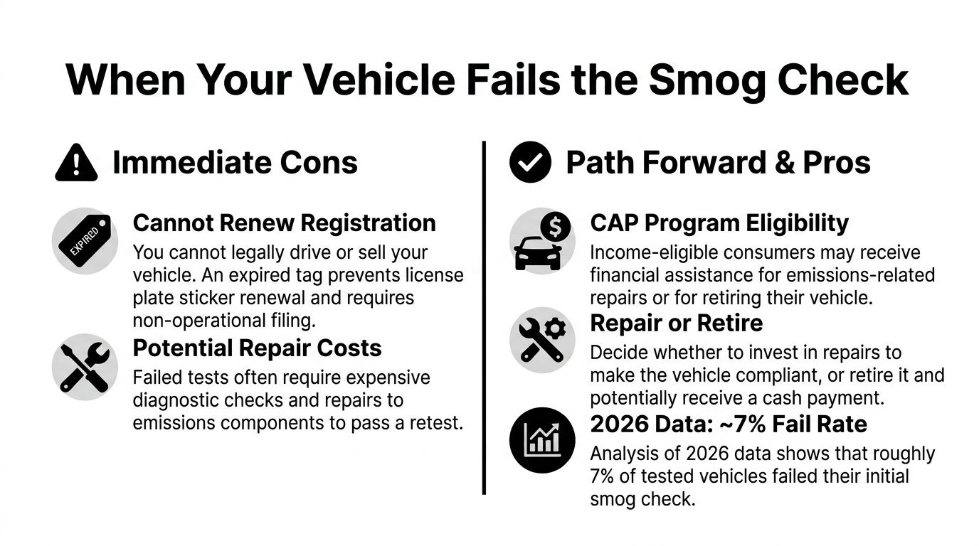 An infographic titled When Your Vehicle Fails the Smog Check outlining consequences and potential solutions.