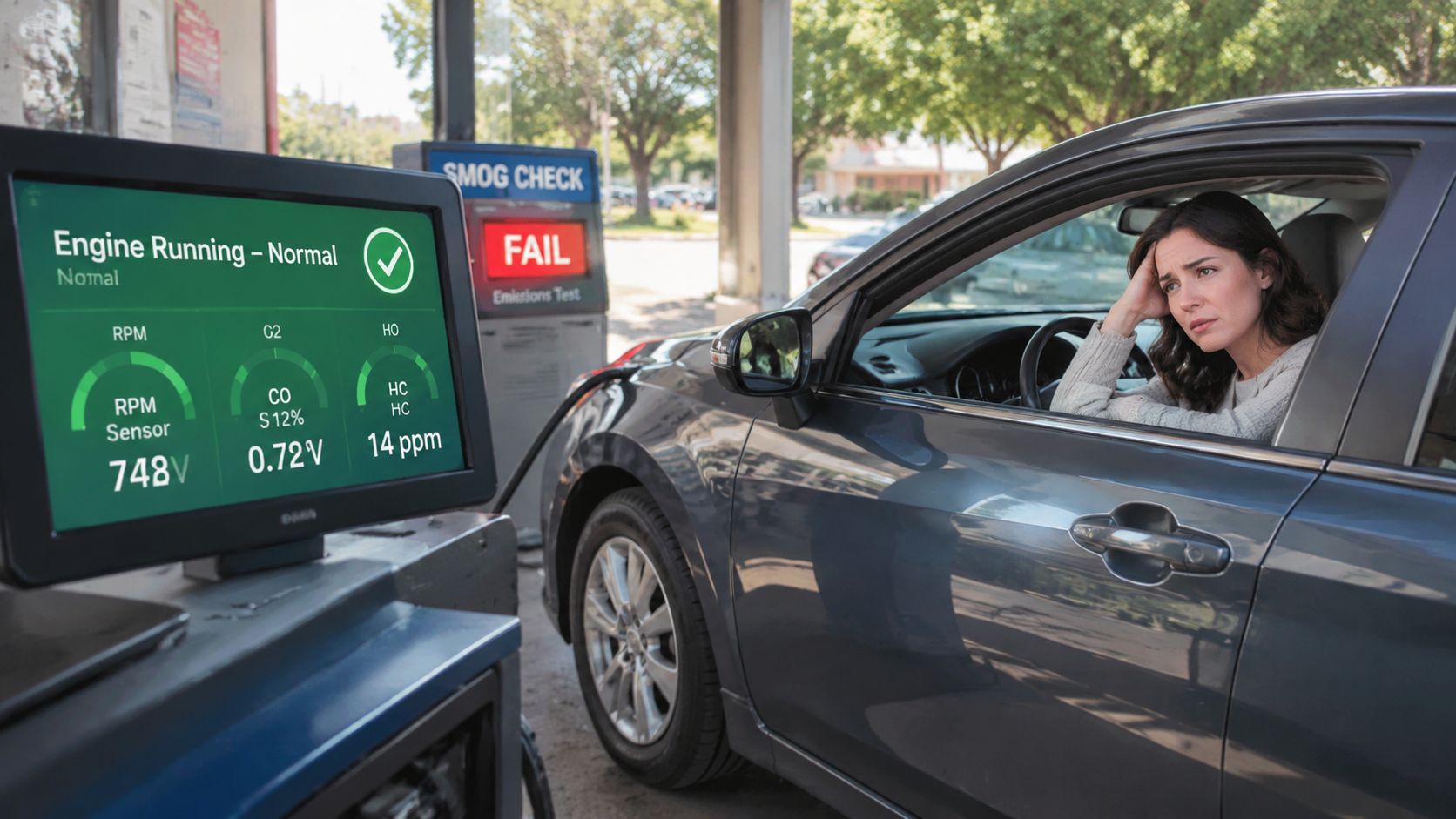 A frustrated woman sitting in her car at a testing station after a failed vehicle emissions test.