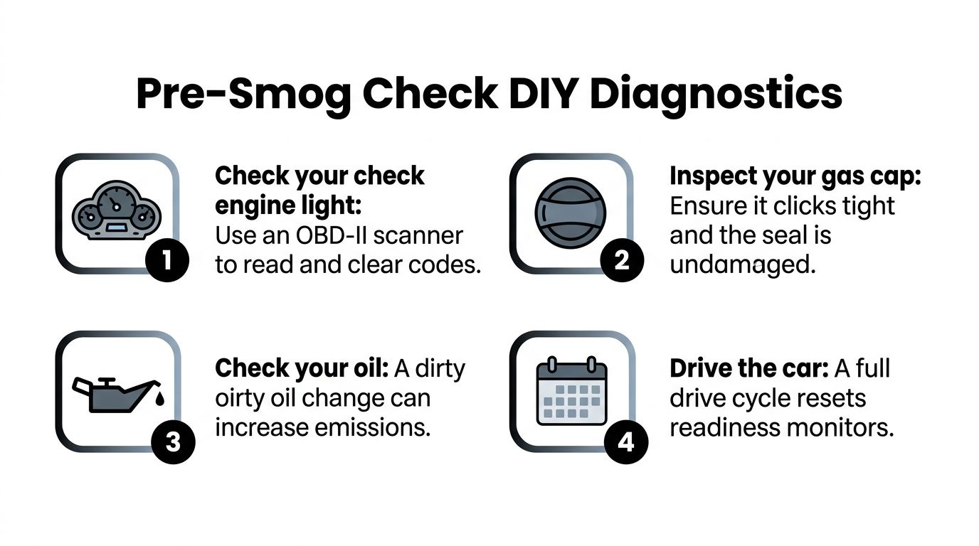 An infographic showing four essential DIY steps to perform before taking your vehicle for a smog check.