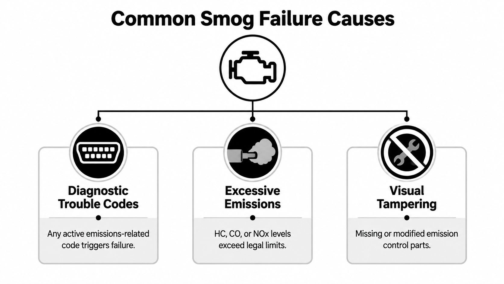 A diagram outlining the three common causes for failing a vehicle smog inspection: Diagnostic Trouble Codes, Excessive Emissions, and Visual Tampering.