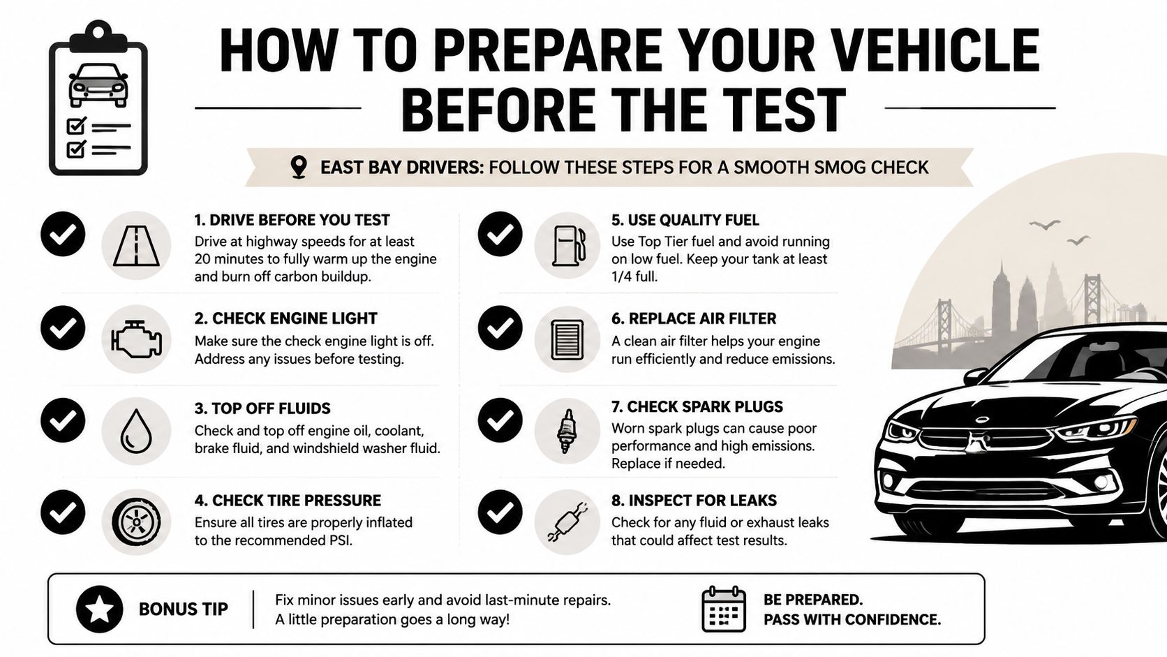 An infographic titled How to Prepare Your Vehicle Before the Test with eight tips for smog checks.