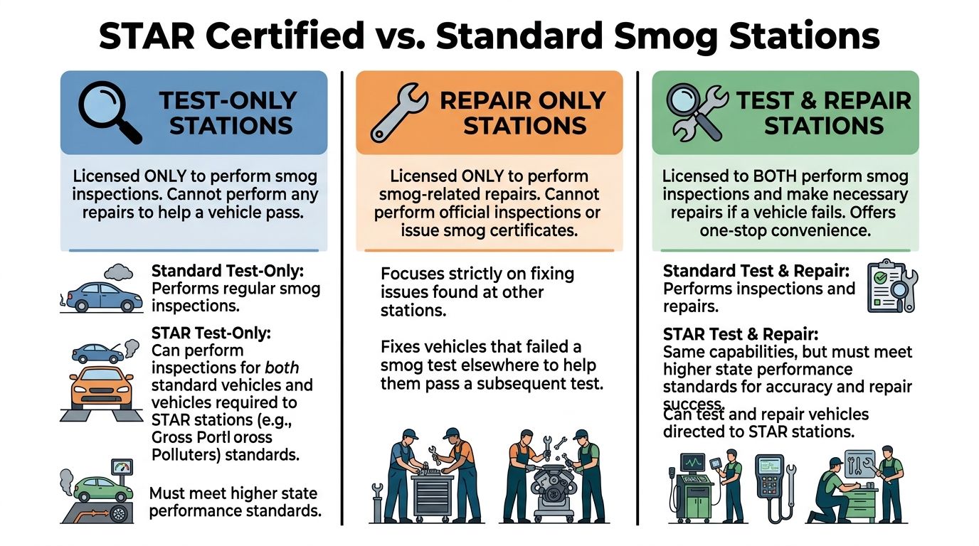 An infographic comparing the differences between test-only, repair-only, and test and repair smog certification stations.