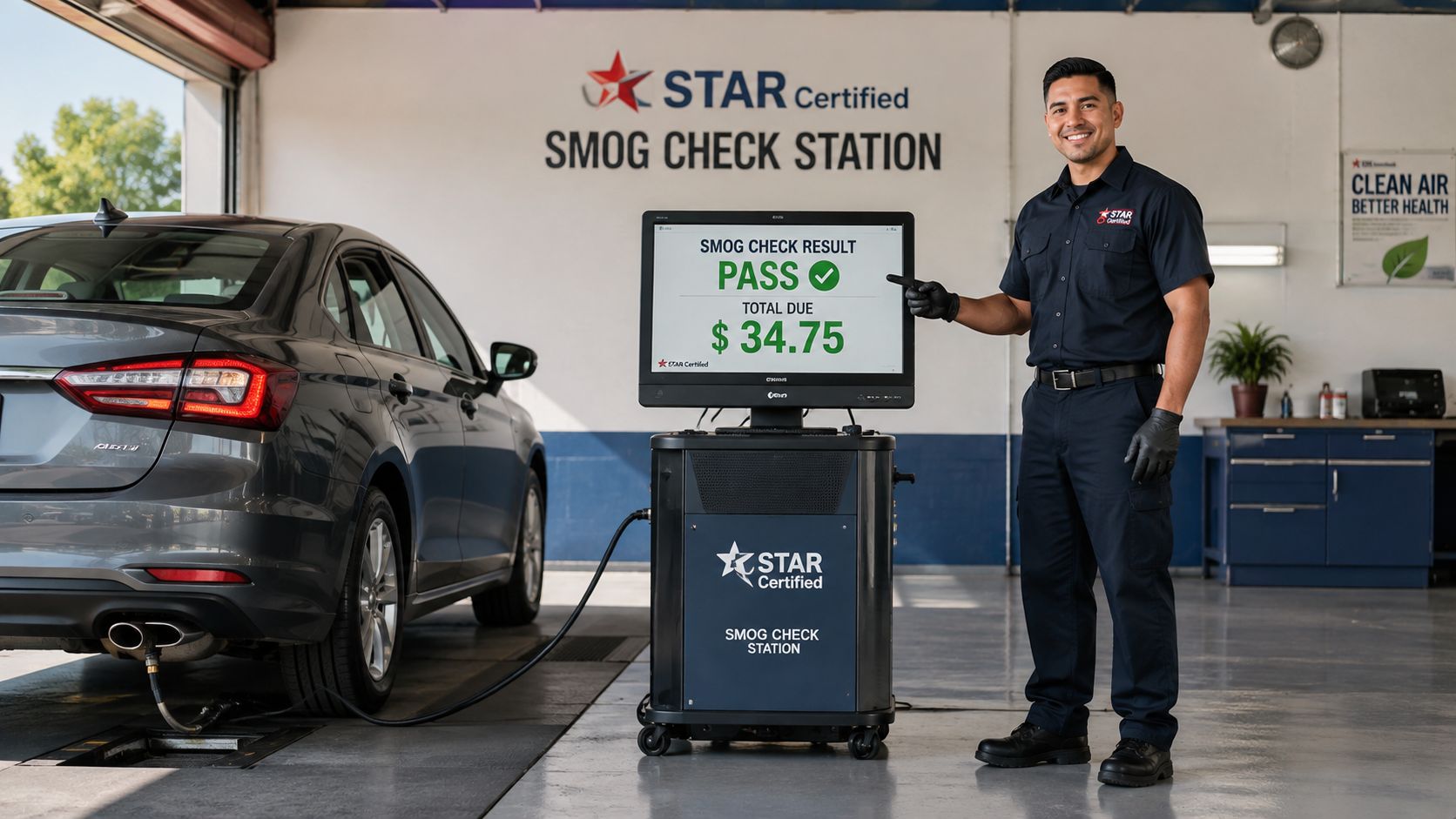 A smiling technician stands next to a Smog Check machine showing a passing test result.