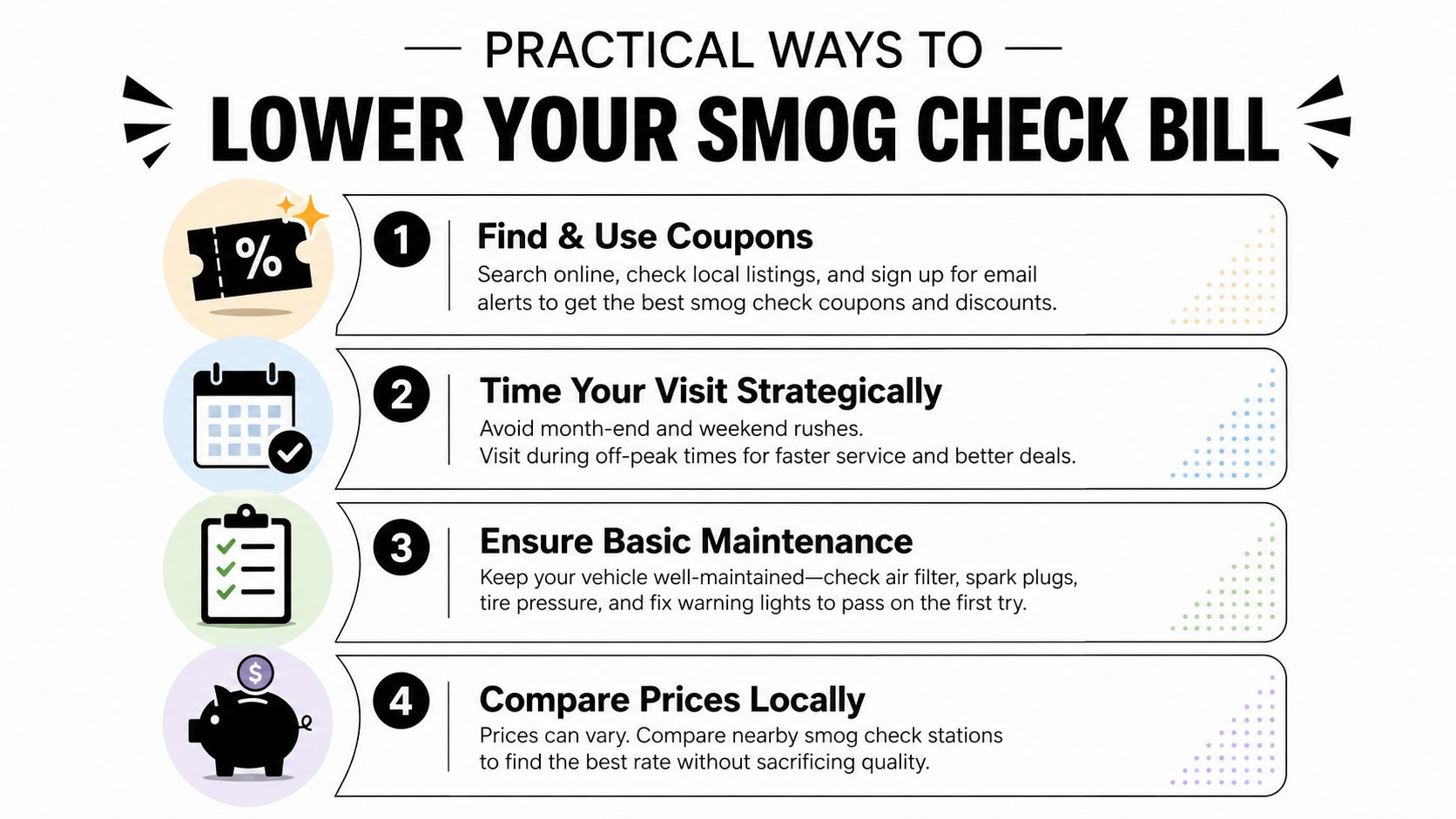 An infographic titled Practical Ways to Lower Your Smog Check Bill listing four helpful tips for vehicle owners.