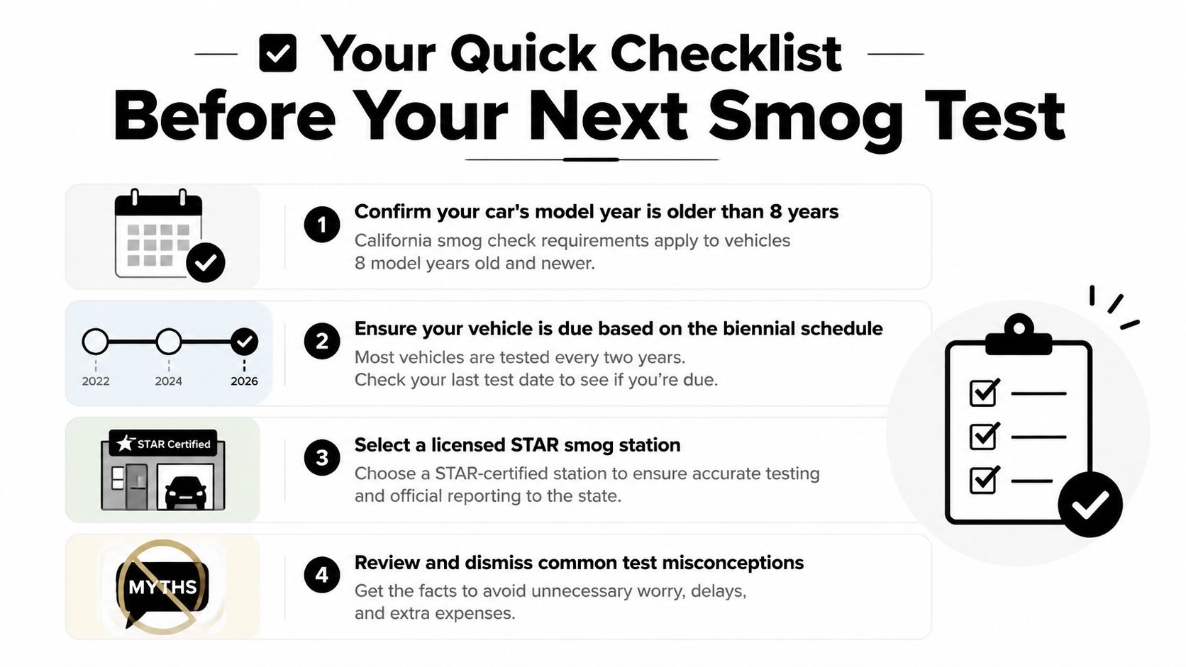 A four-step infographic checklist providing essential guidance for California drivers preparing for their next vehicle smog inspection.
