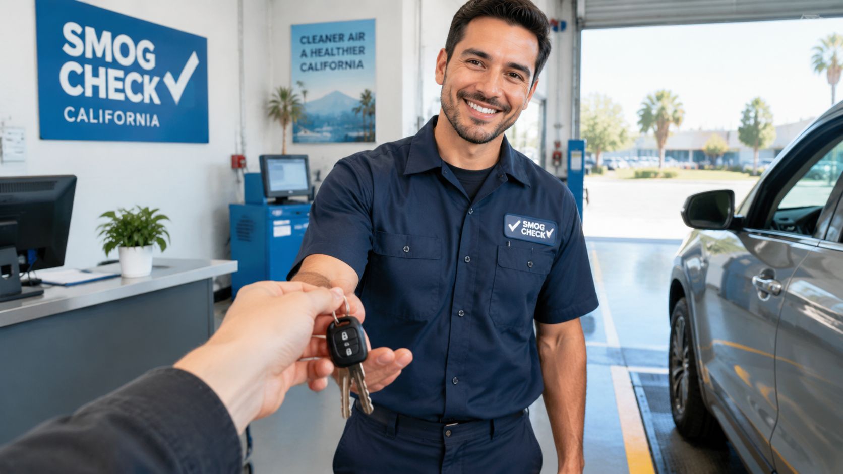 A friendly mechanic in a blue uniform handing car keys to a customer at a smog check station.