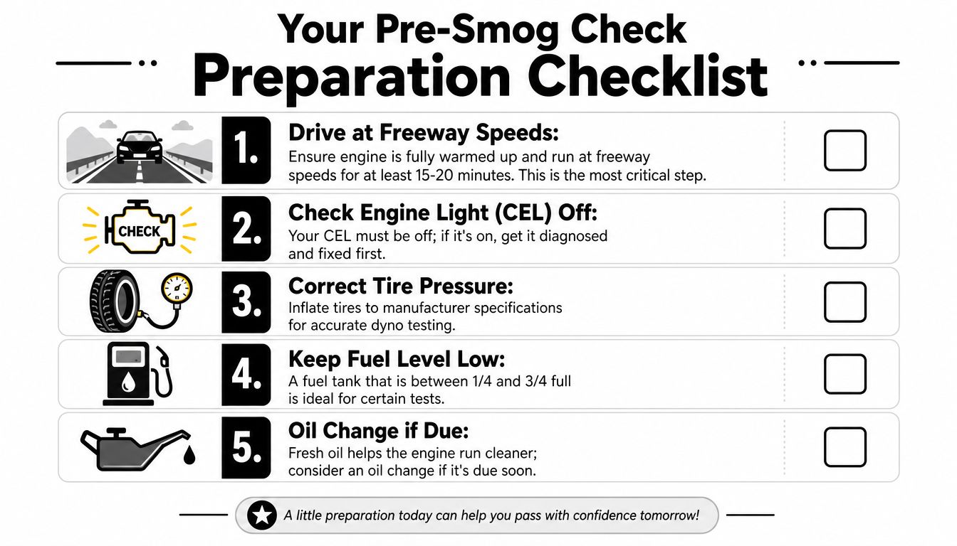 A pre-smog check preparation checklist for vehicles, featuring five numbered steps to ensure a successful emissions test.