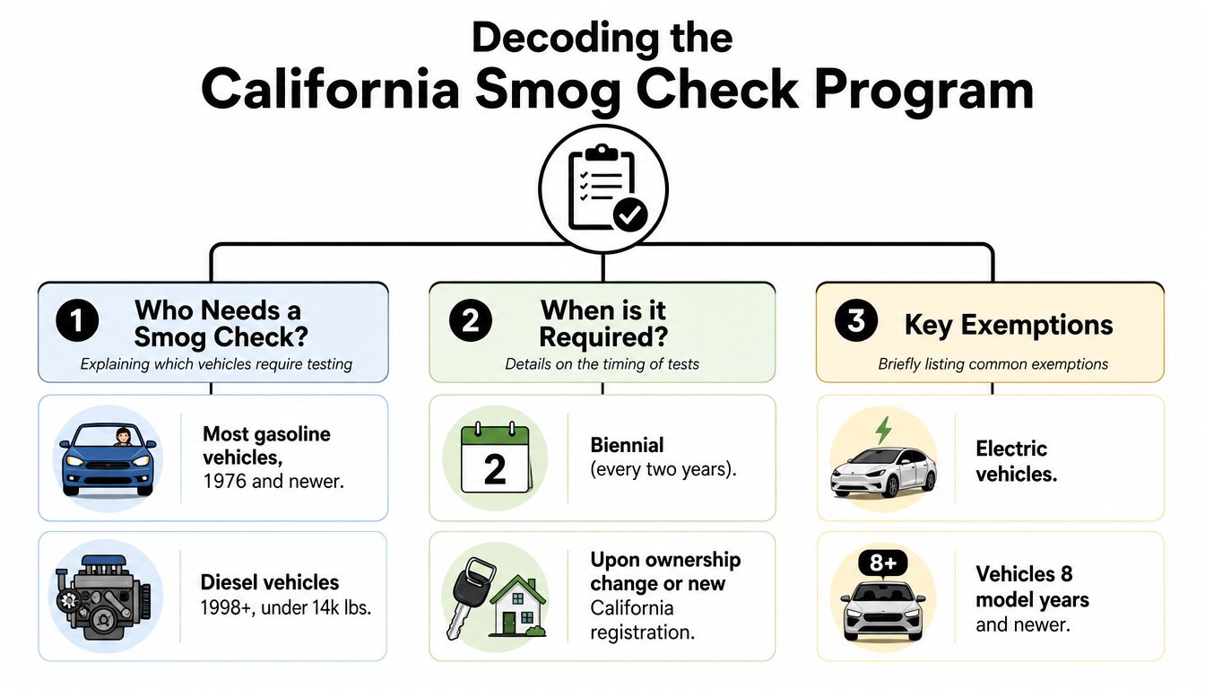 An infographic detailing the California Smog Check Program requirements, testing frequency, and common vehicle exemptions.
