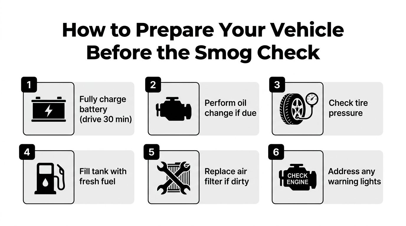 An infographic titled How to Prepare Your Vehicle Before the Smog Check showing six maintenance tips.