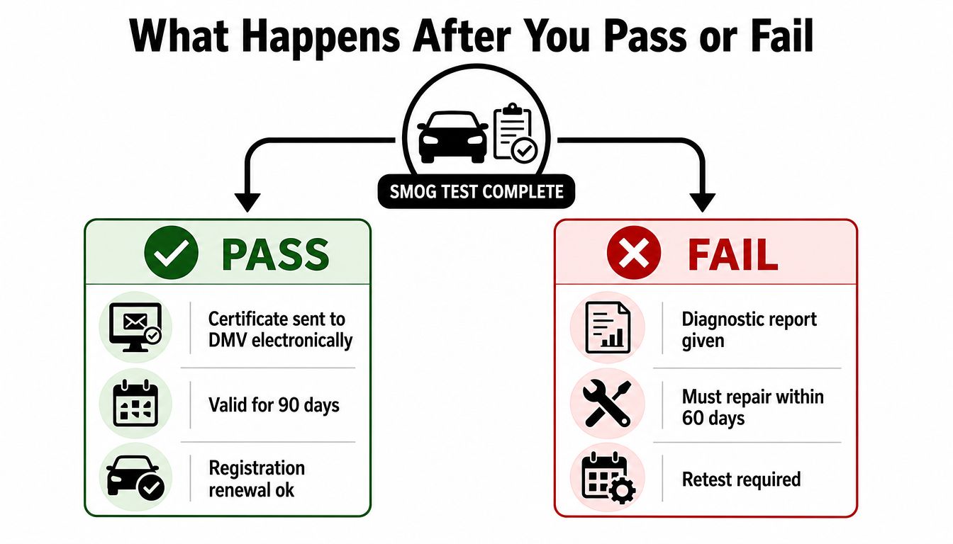 A flowchart explaining the results of a car smog test, showing what happens when you pass or fail.