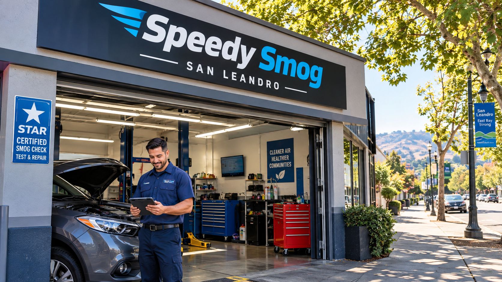 A professional technician using a digital tablet to perform a vehicle emissions inspection at Speedy Smog shop.