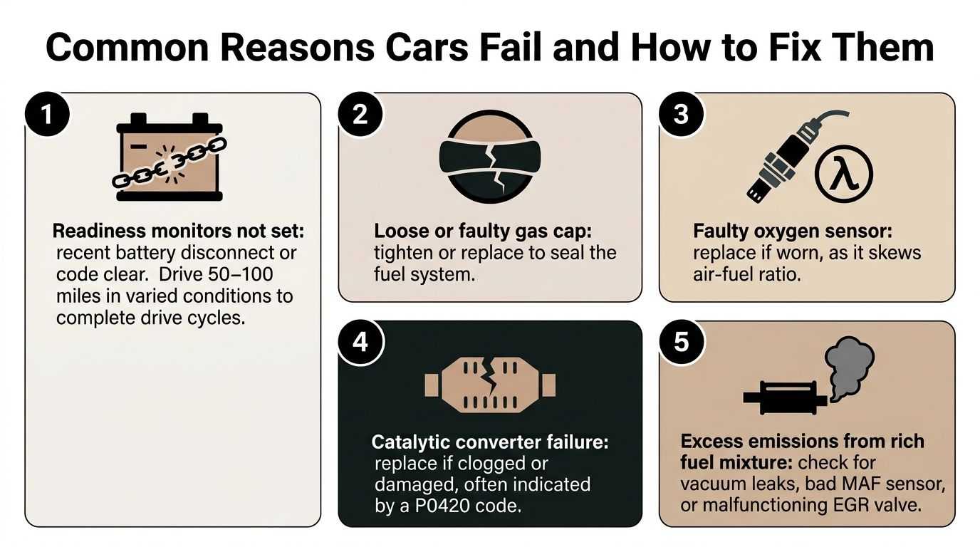 An infographic detailing five common reasons vehicles fail smog tests and how to fix them.